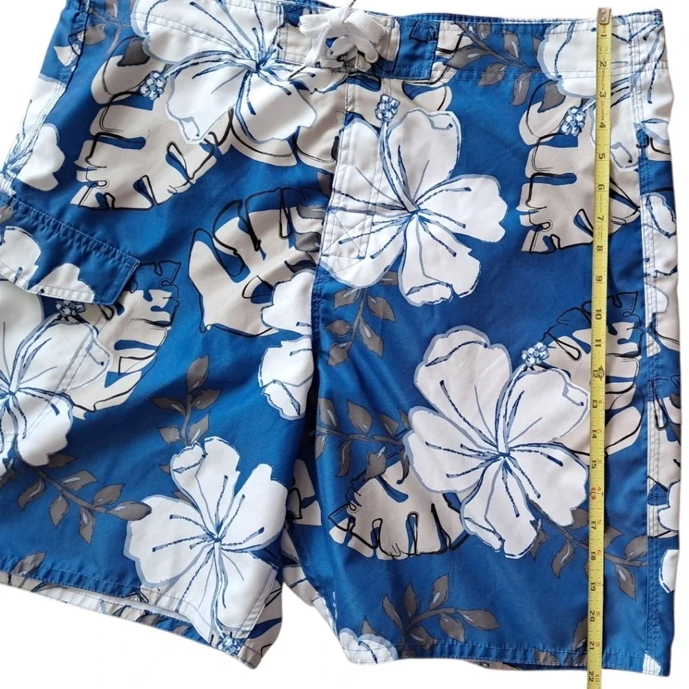 Joe Boxer Mens Swim Trunks Blue White Tropical Hibiscus Floral‎ Board Shorts L